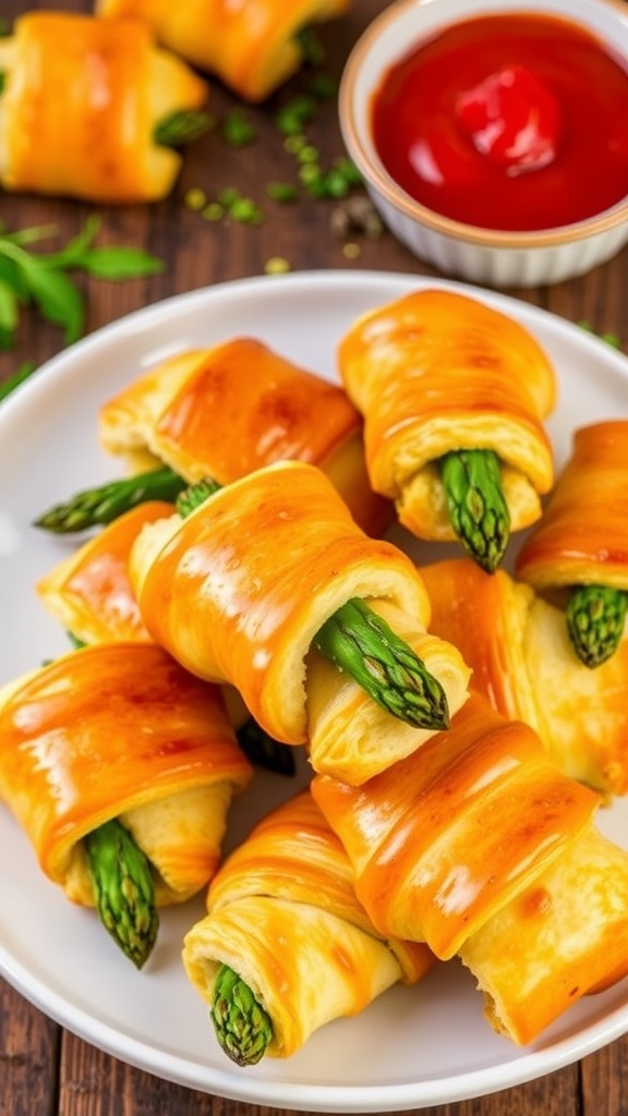 Golden brown cheesy asparagus crescent rolls on a plate, with a bowl of marinara sauce on the side.